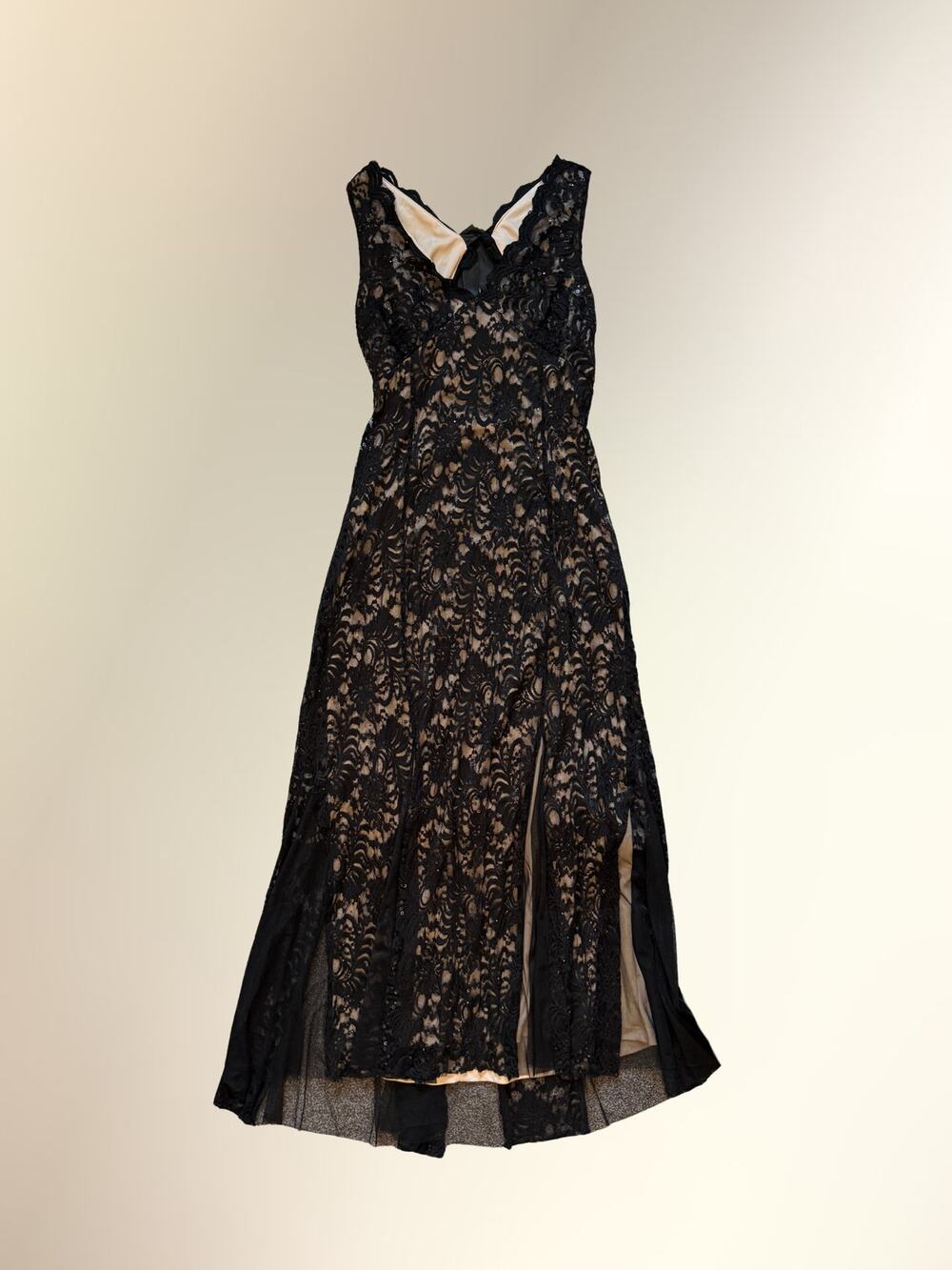 Candalite Black Nude Lace Sequin Sweetheart V Back Formal Maxi Gown Women's XL